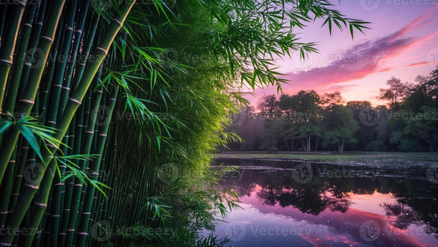 Bamboo Forest Along Still Lake Reflecting Colorful Sunset Sky photo