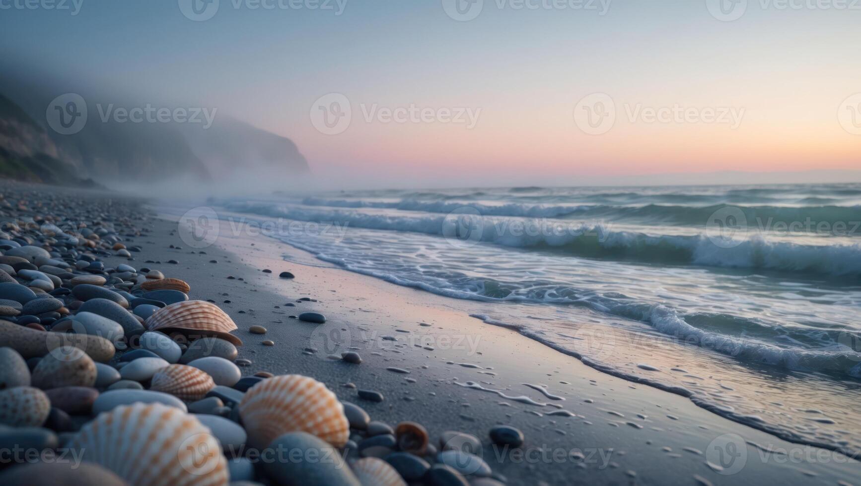 Seascape at Sunset Sea Shells and Pebbles on Beach photo
