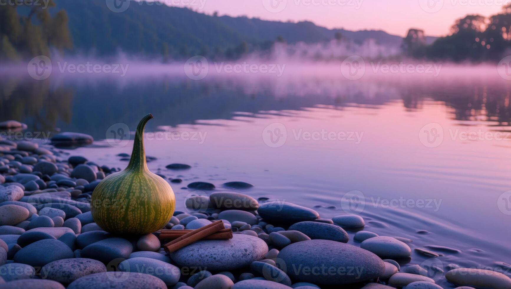 Gourd and Cinnamon Sticks on Pebble Beach Near Misty River photo