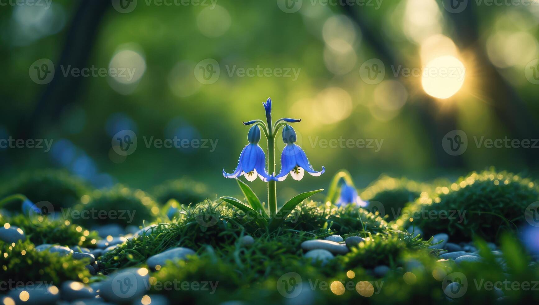 Bluebell Flowers Blooming in Moss Garden with Sun Shining Through Trees photo