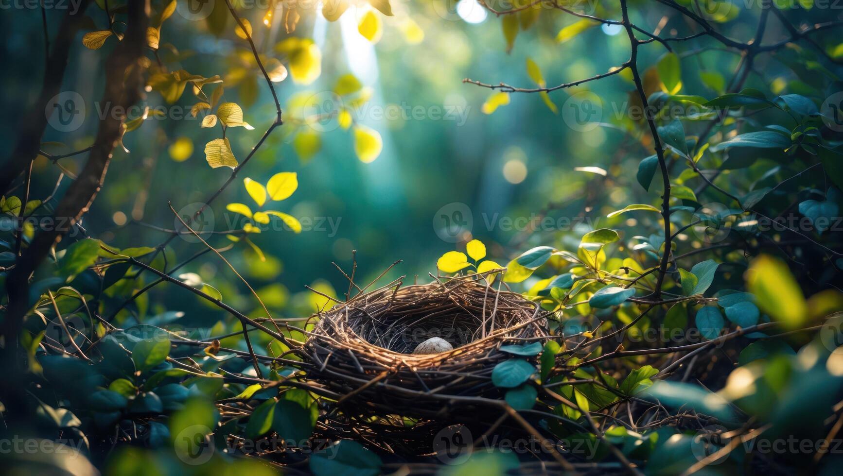 Bird's Nest with Egg Amidst Green Foliage in Forest Sunlight photo