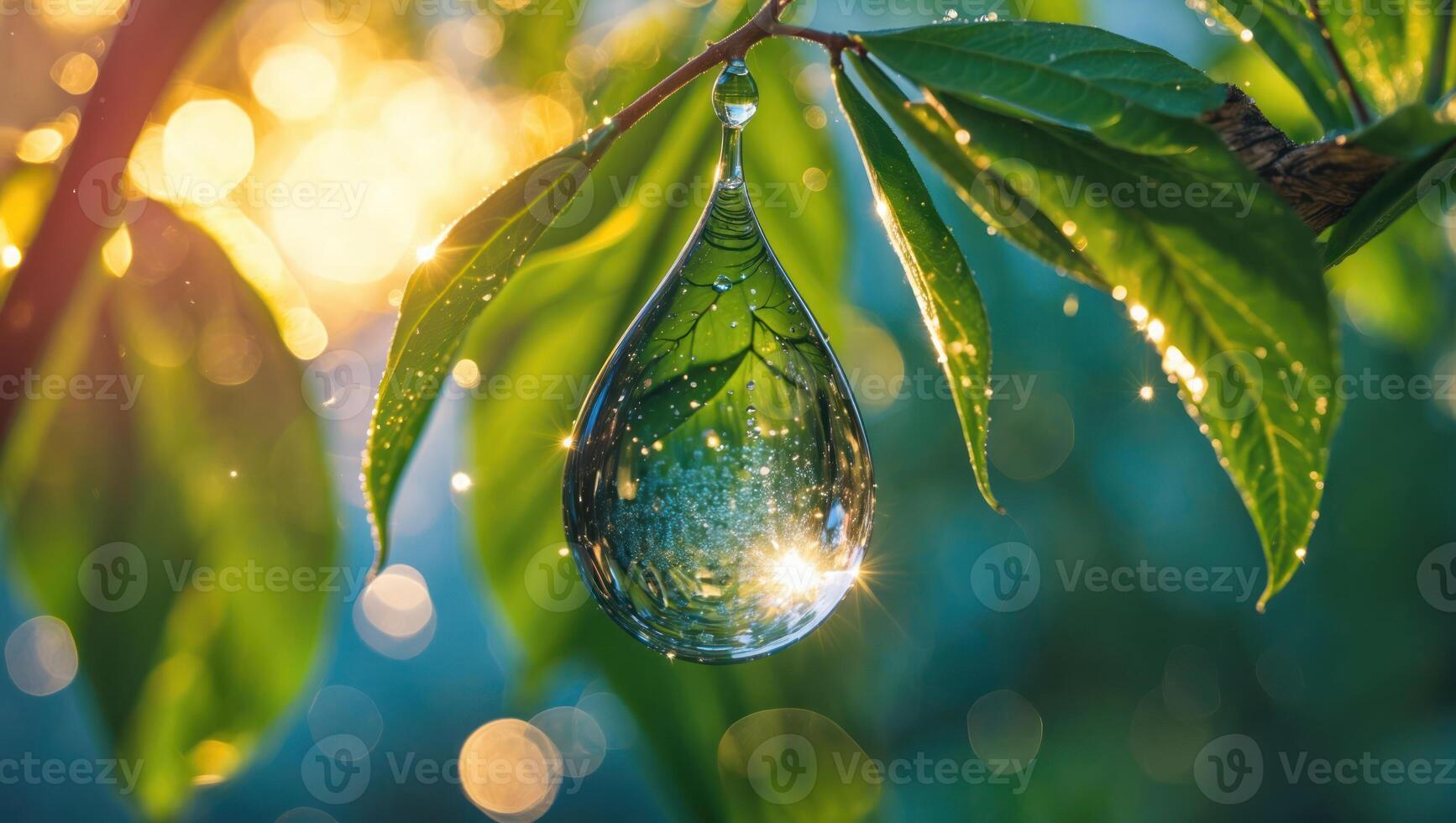 Water Drop Hanging From Leaf with Reflection and Sunlight Glow photo