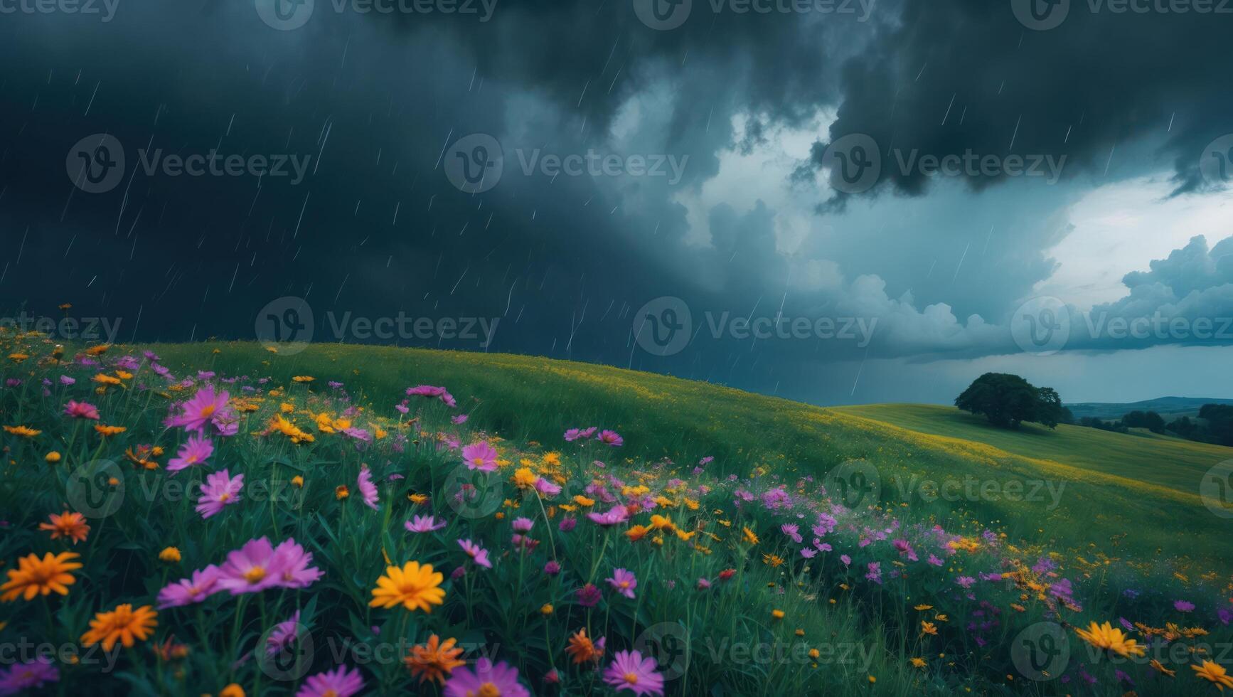 Rain Shower Over Meadow with Wildflowers and Rolling Green Hill photo