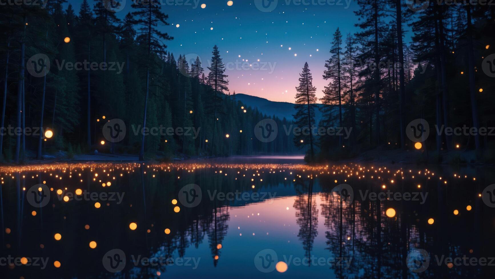 Reflecting Lake with Forest Trees and Glowing Lights at Night photo