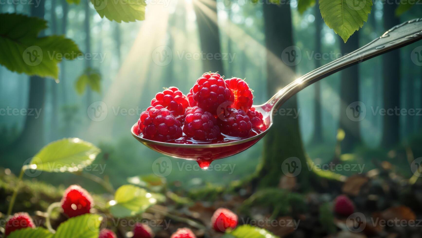 Spoon of Ripe Raspberries in Forest with Sunlight Streaming Through Trees photo