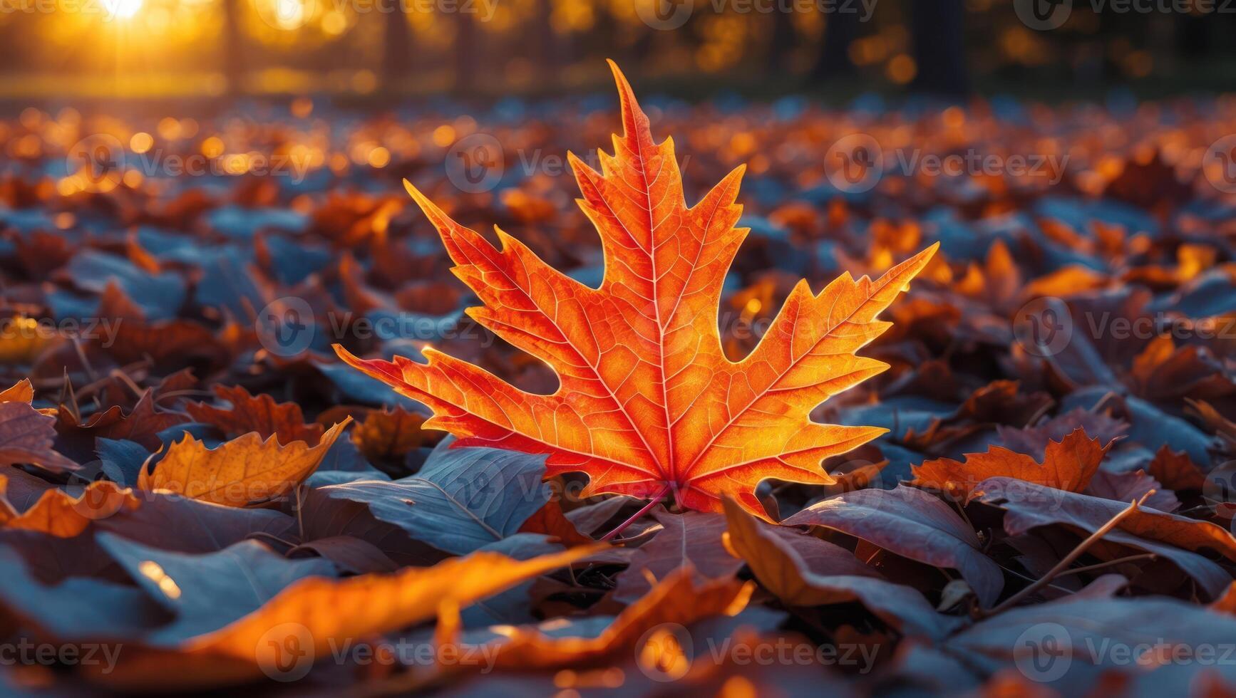 Bright Autumn Leaf Glowing on Ground Full of Fallen Leaves photo