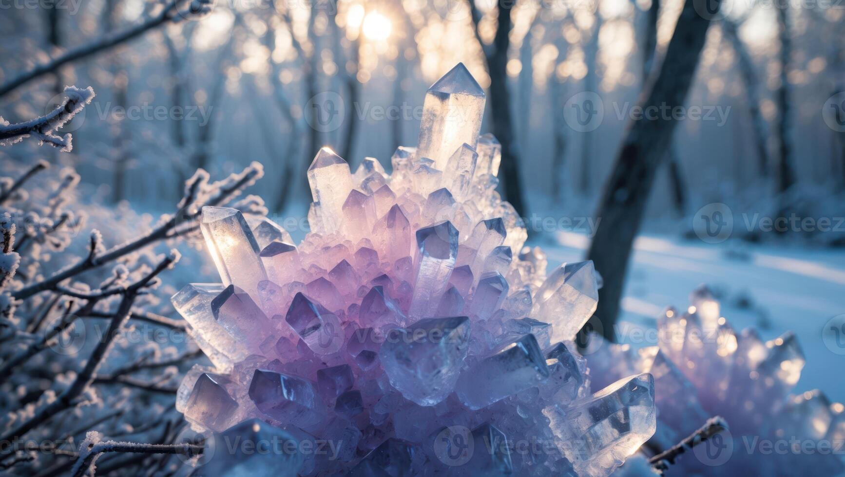 Glowing Crystal Cluster in Winter Forest Landscape with Sunlight Streaming photo