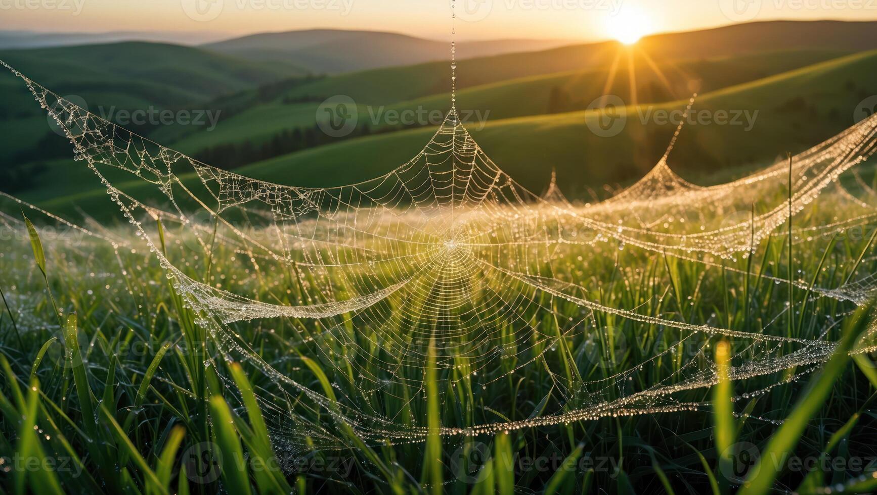 Spiderweb in Grassy Field at Sunrise with Dew Drops photo