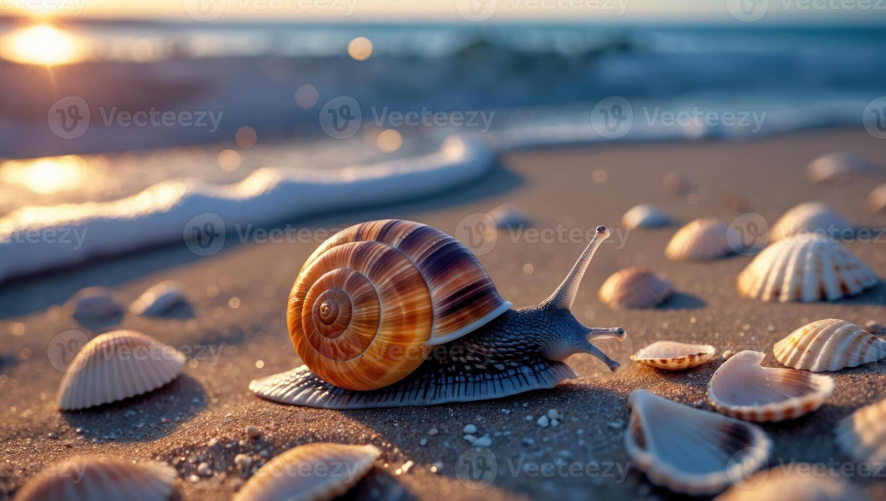 Snail Crawling on Sandy Beach with Scattered Shells at Sunset photo