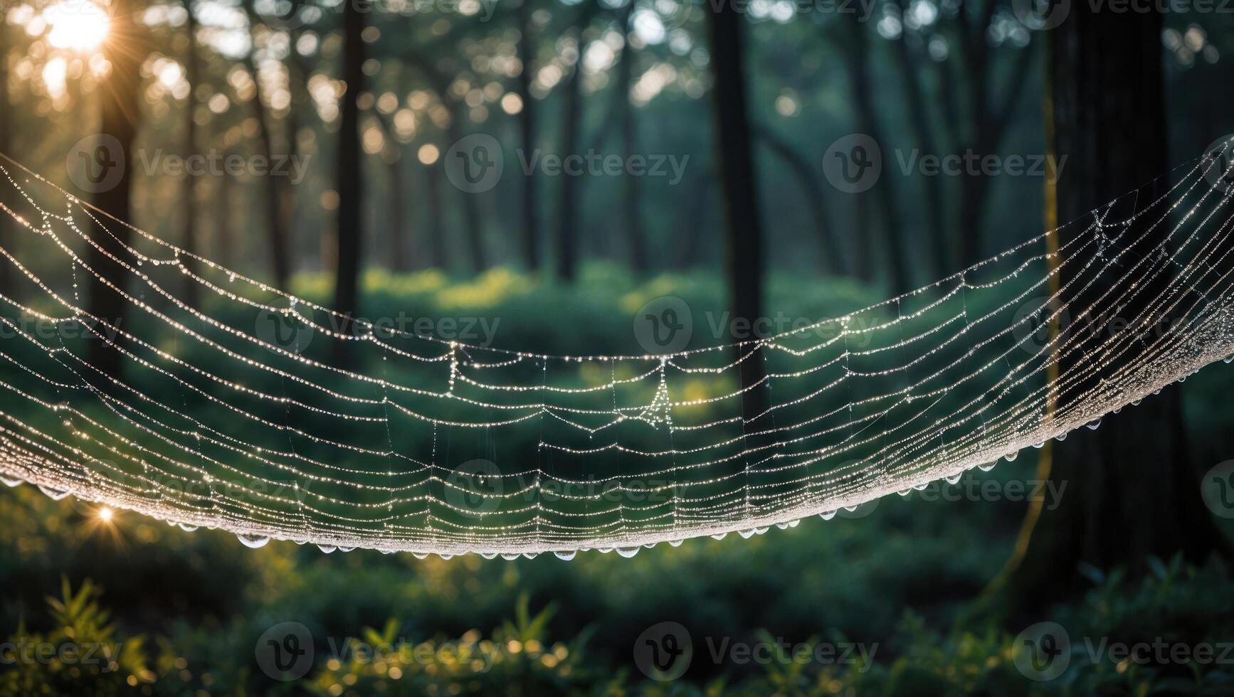 Spiderweb Covered in Dew Drops in Forest Sunlight Shines Through Trees photo