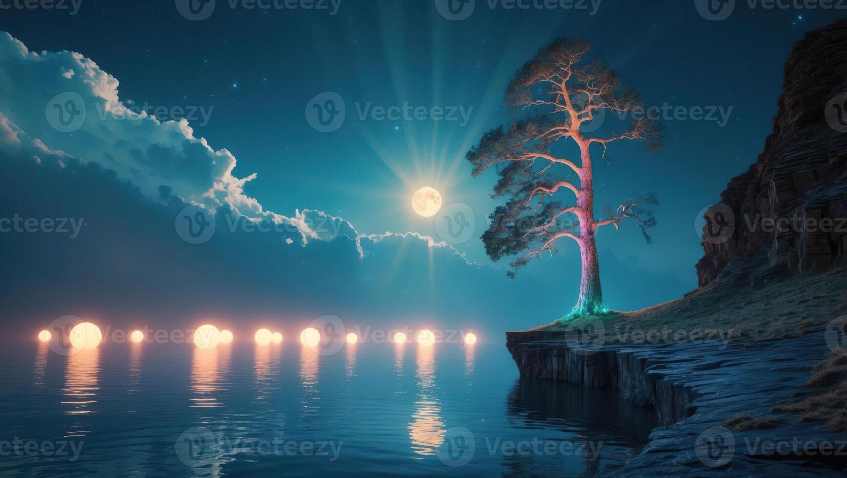 Serene Ocean View with Glowing Orbs and Tree at Night photo