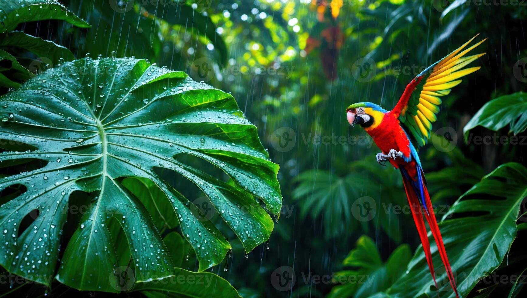 Flying Macaw in Rainforest During Rainfall Surrounded by Tropical Leaves photo