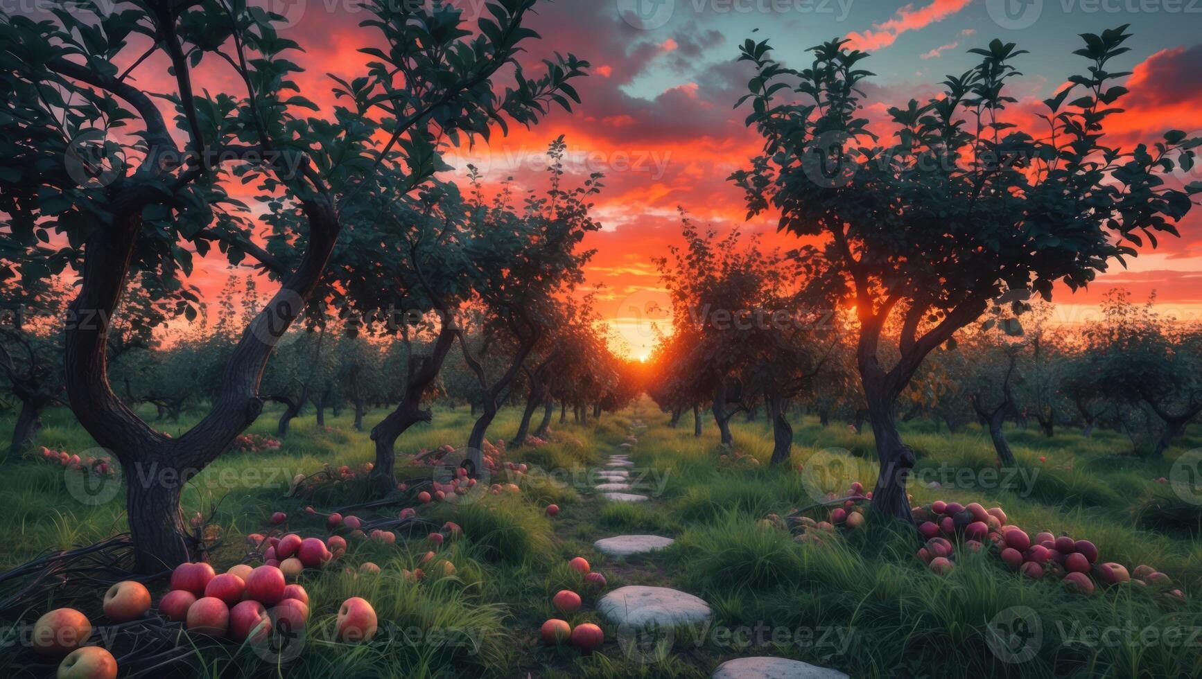 Walking Path Through Orchard at Sunset with Scattered Fruit photo