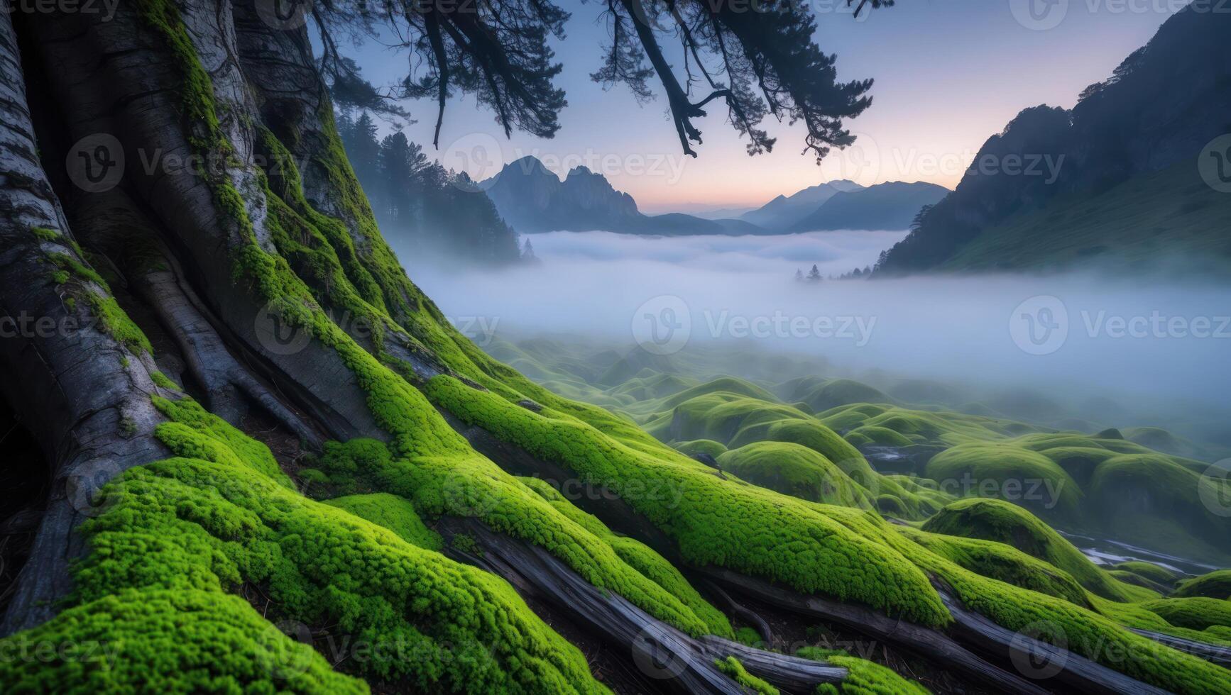 Moss Covered Tree Trunk Overlooking Foggy Valley and Distant Mountains photo