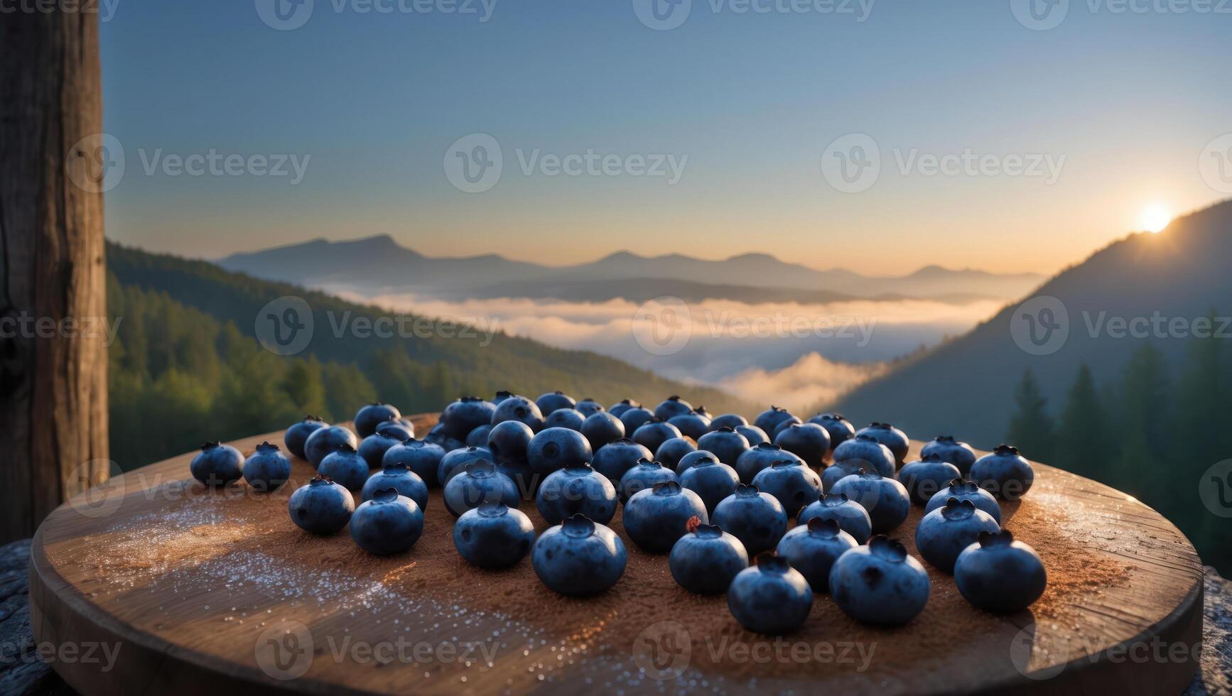 Blueberries Displayed on Wood with Mountain Vista Background at Sunrise photo