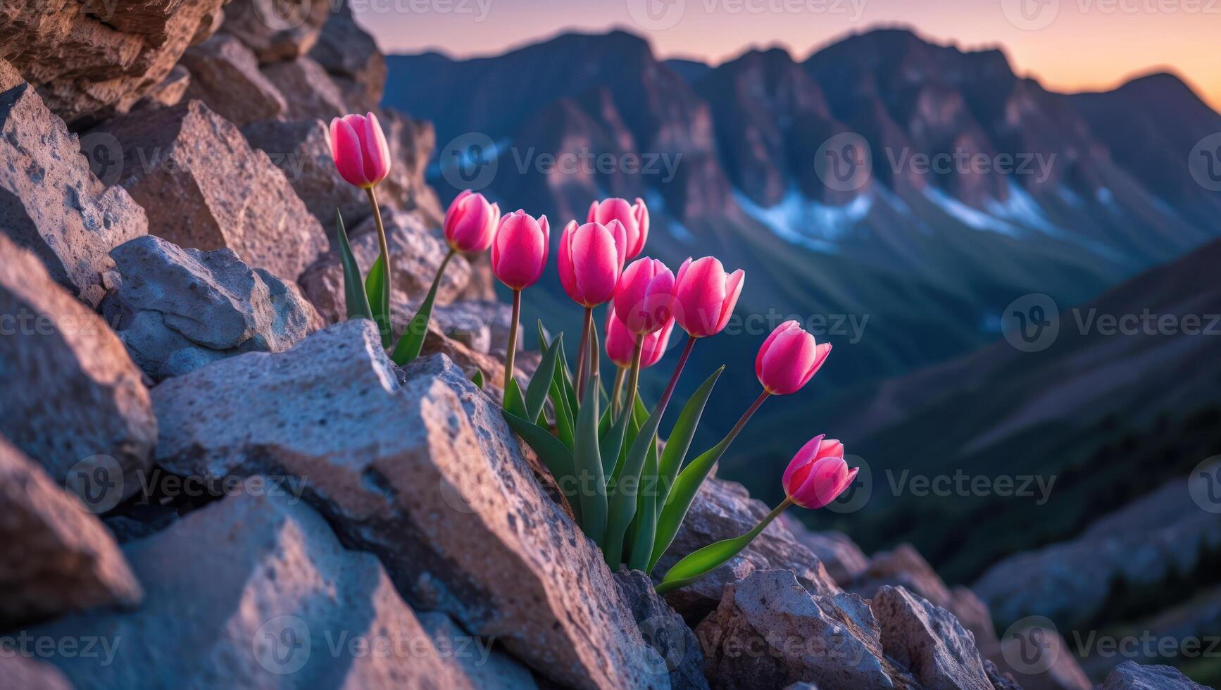 Pink Tulips Growing on Rocky Slope with Mountains in Background photo