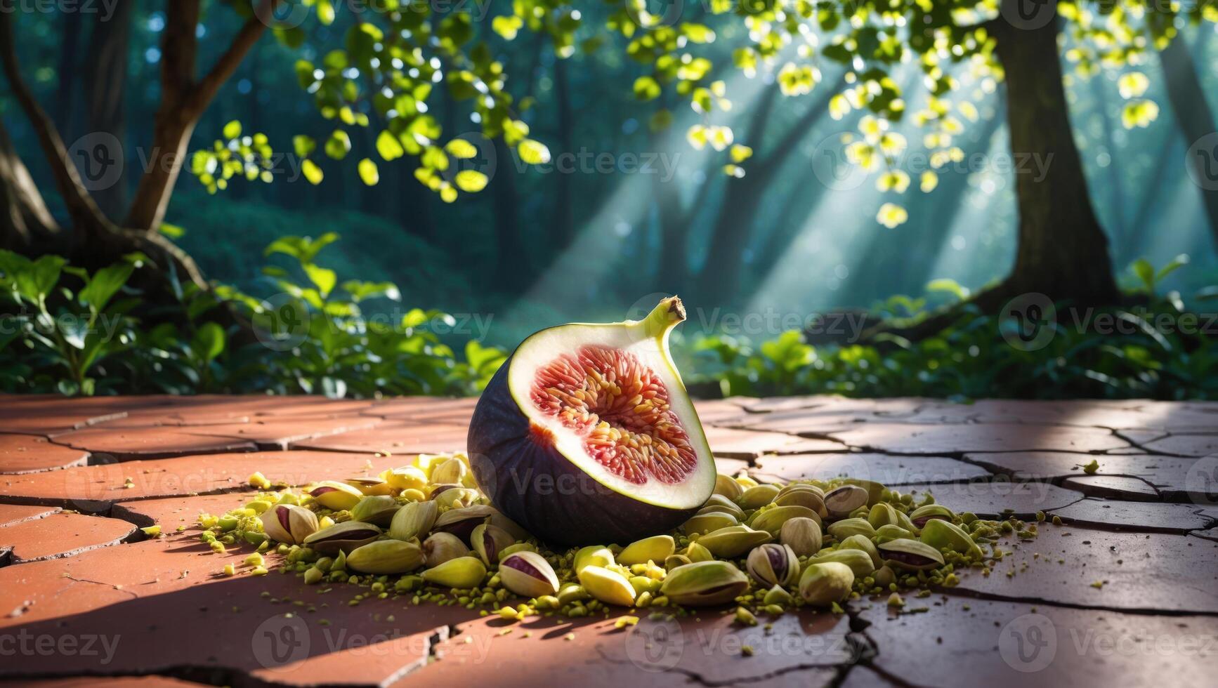 Sliced Fig with Pistachios on Tiled Surface in Forest Setting photo