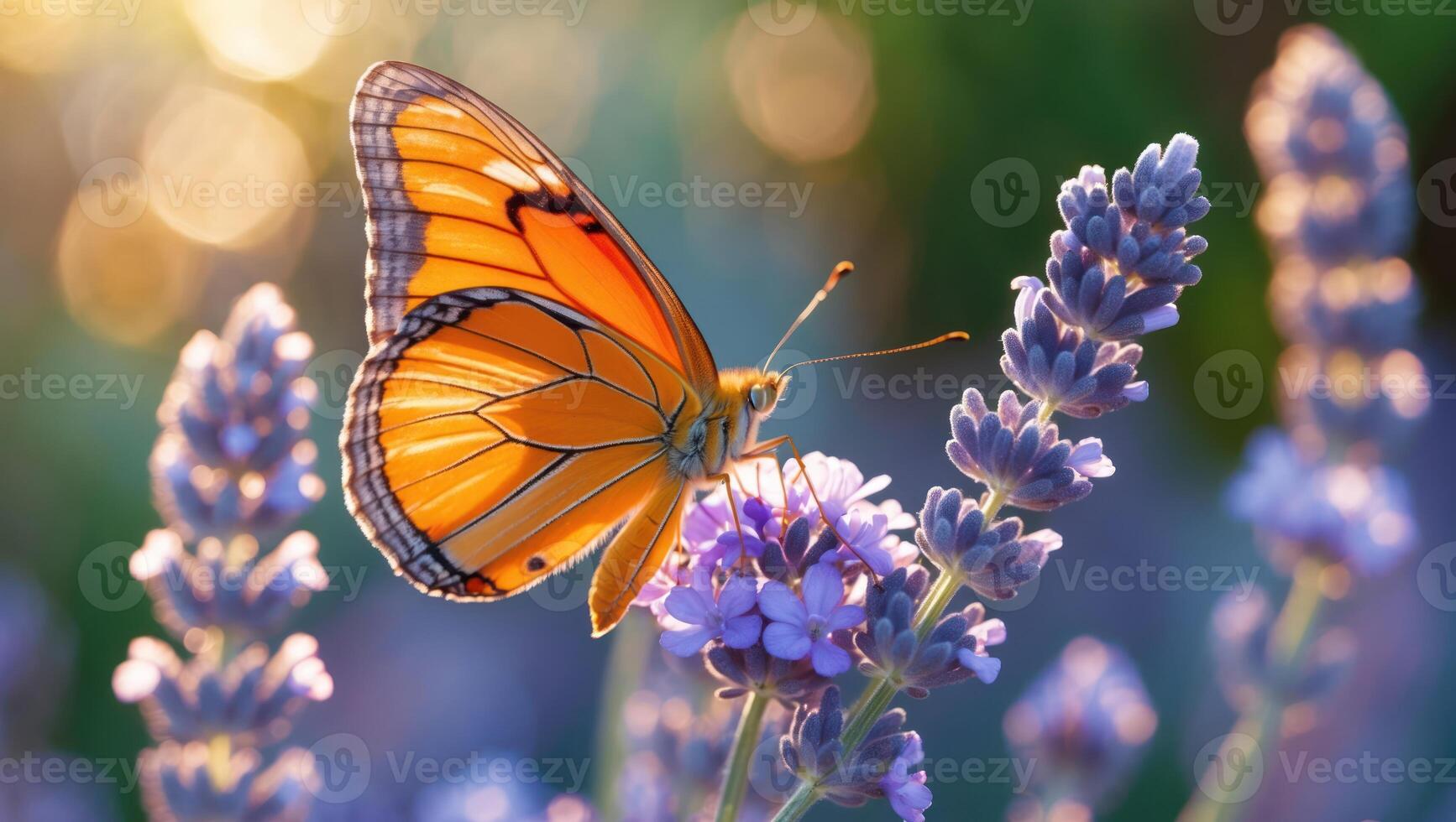 Butterfly Feeding on Lavender Flowers in Warm Light of Garden photo