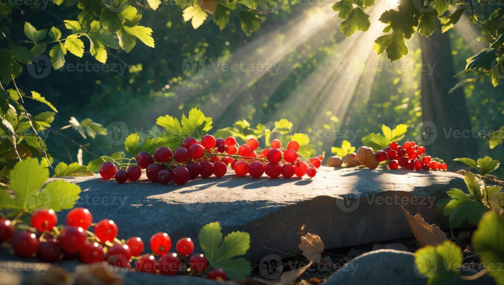 Red Currant Berries on Stone in Sunlit Forest Grove photo