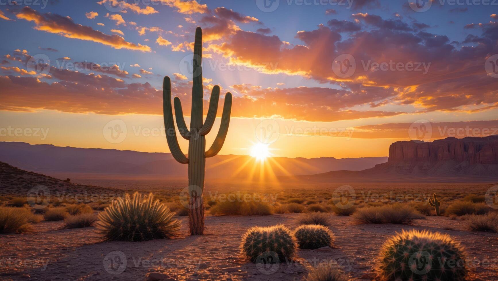 Cactus in Desert at Sunset with Rays of Sunlight Shining Through photo