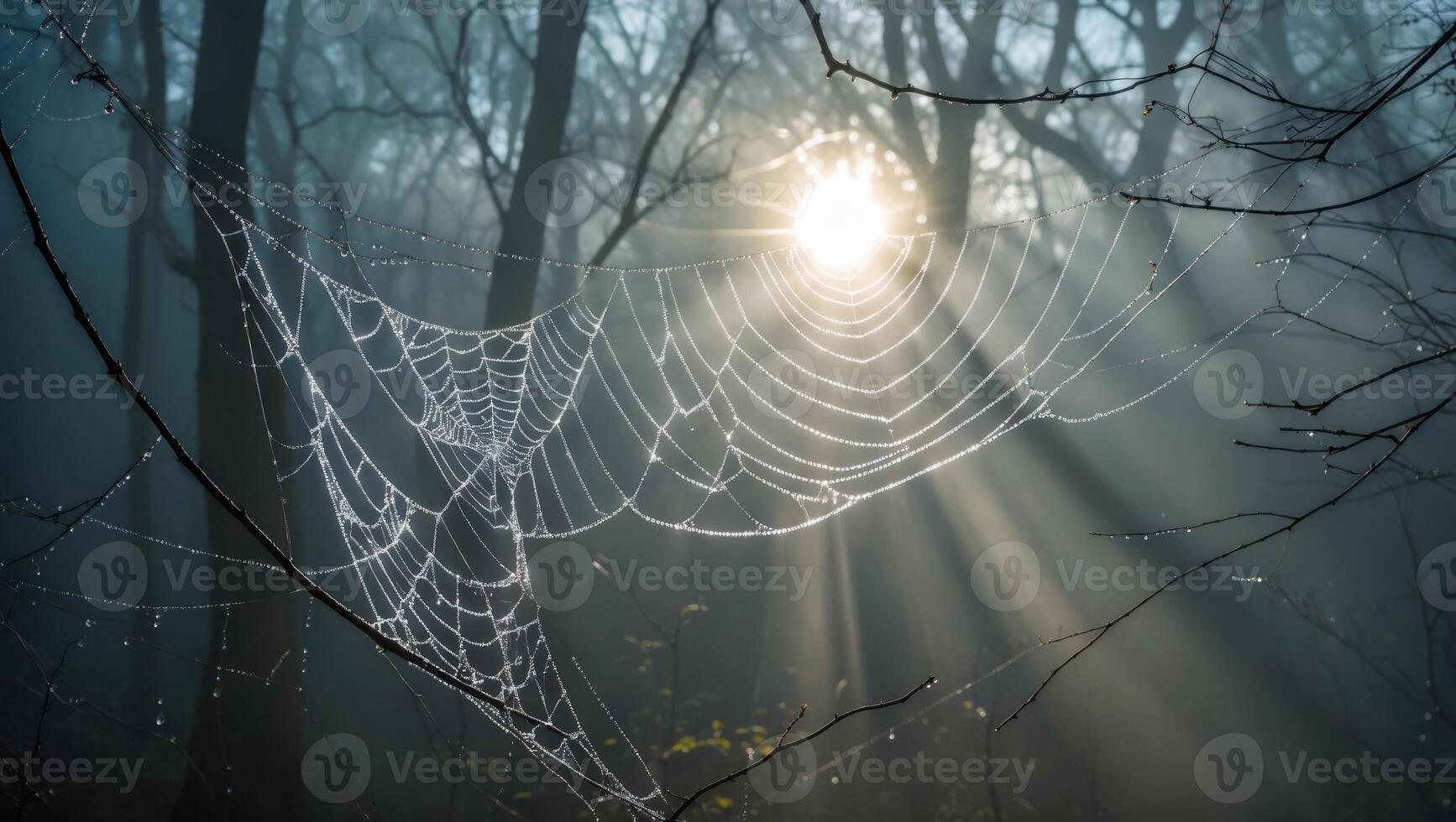 Spiderweb Dewdrops Catching Sunlight in Forest with Foggy Background photo