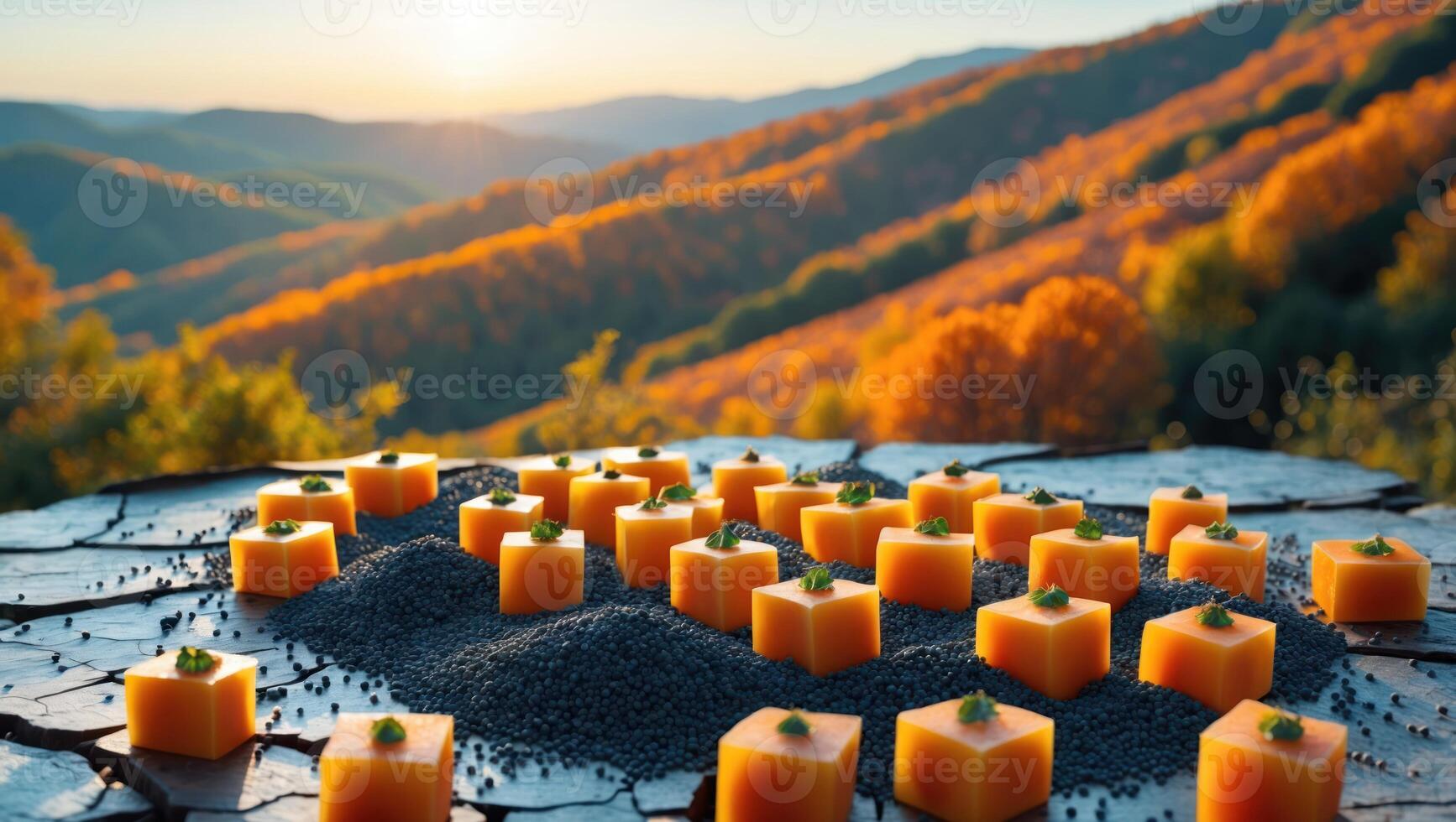 Cubes with Herb on Black Seeds with Golden Hills Backdrop photo