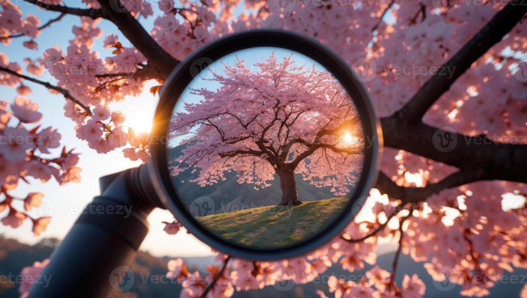 Cherry Blossom Tree Reflected in Lens During Spring Sunset photo