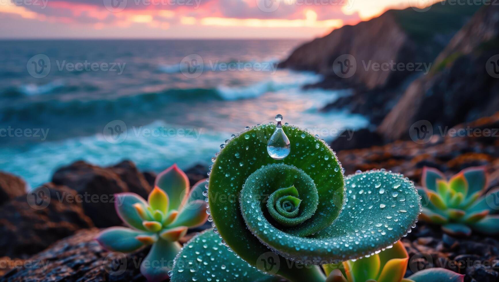 Succulent Plant with Water Drops at Ocean Coastline at Sunset photo