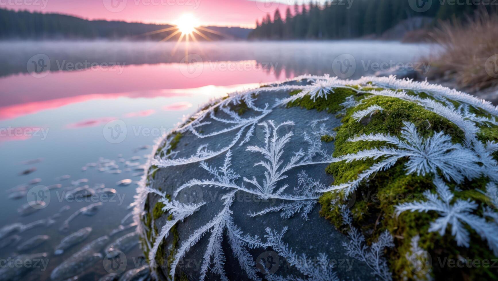 Frosty Rock by Lake at Sunrise Morning Scenery Nature Landscape photo