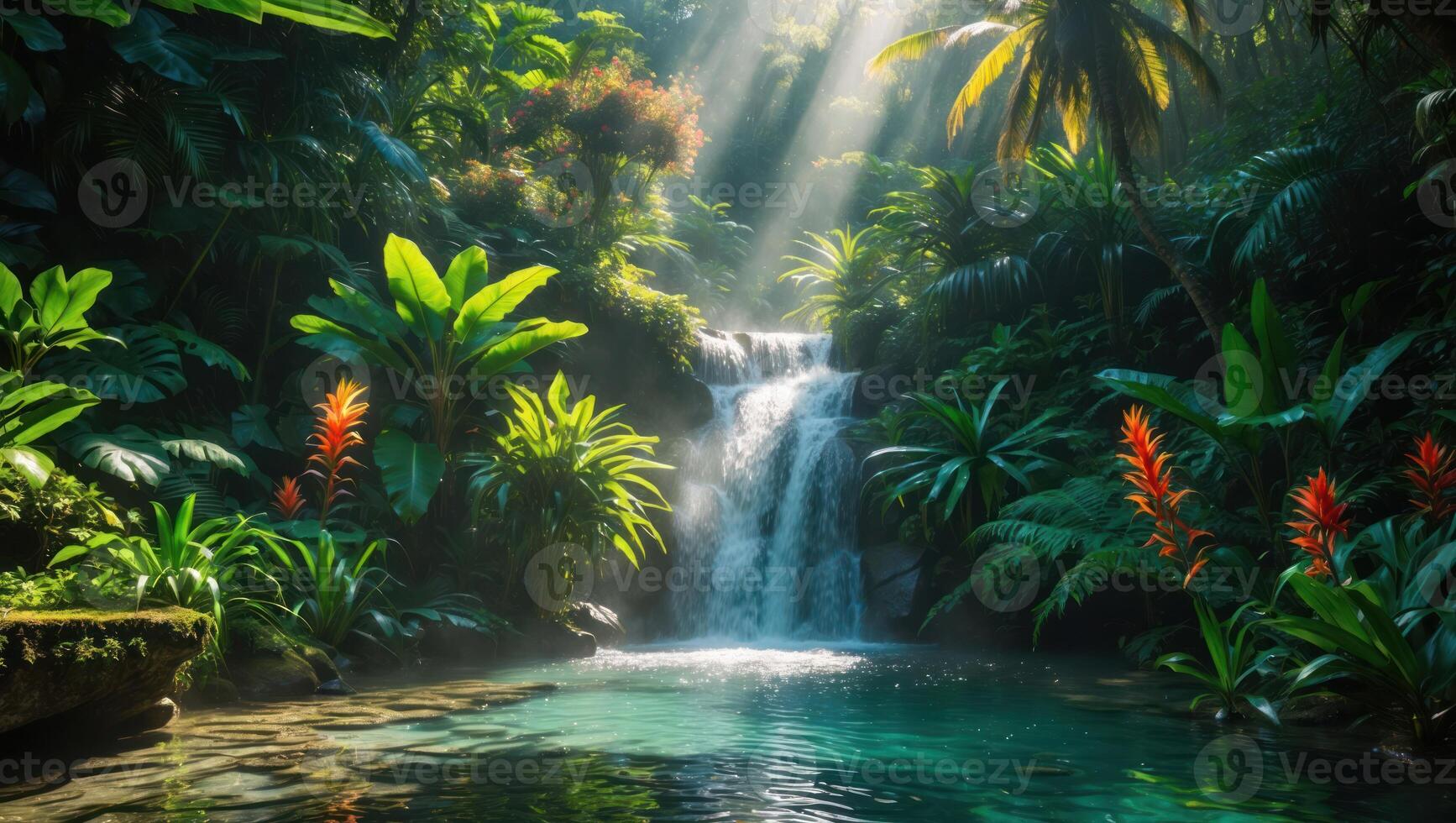 Waterfall Flows Into Clear Turquoise Pool in Lush Tropical Rainforest photo