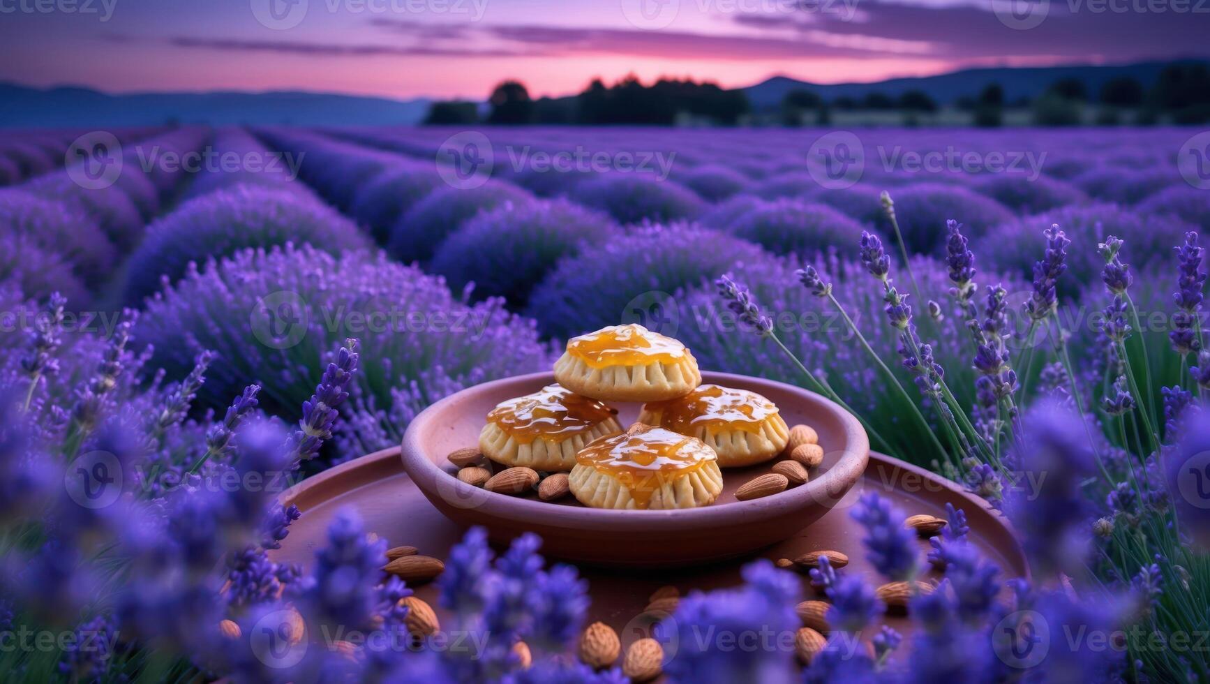 Serving Pastries with Almonds in Lavender Field at Sunset photo