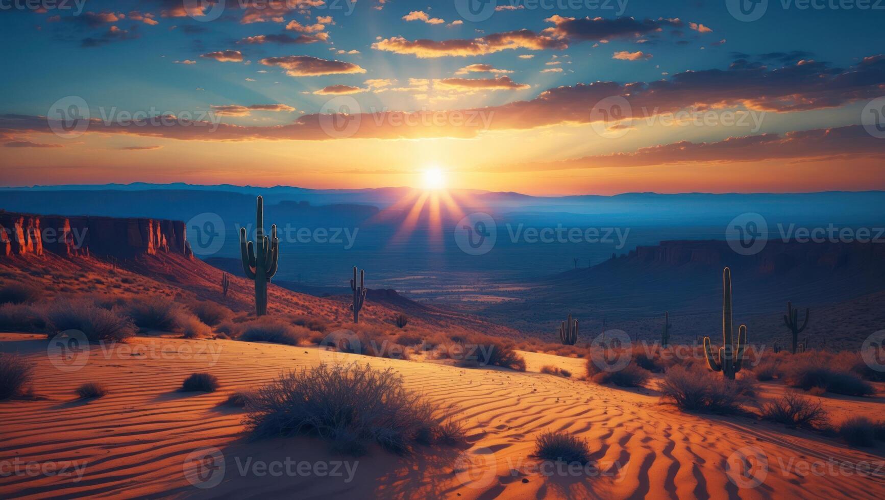 Desert Sunset Landscape with Cacti and Sand Dunes Scenic View photo