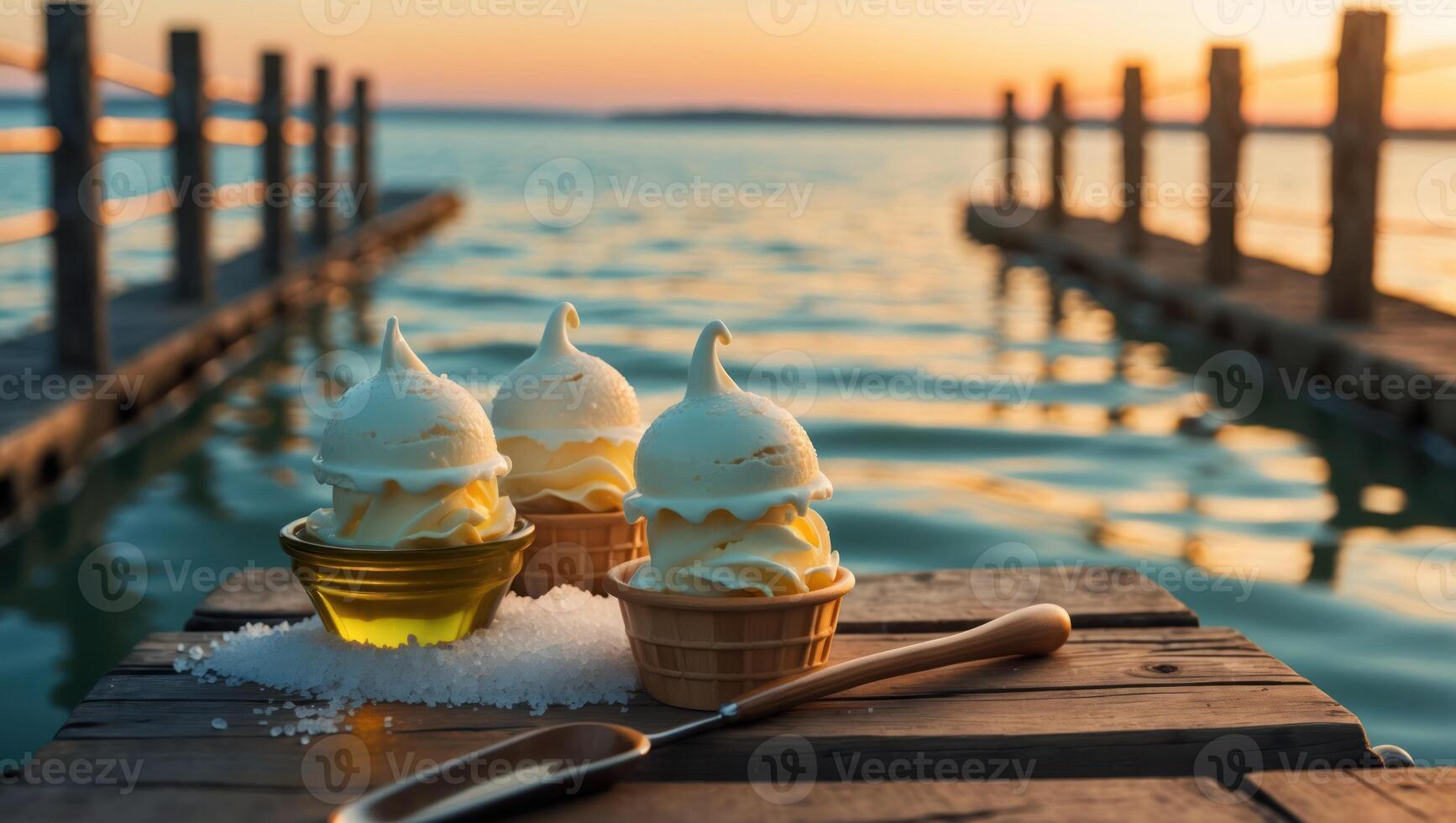Ice Cream Cones on Dock at Sunset by the Lake photo