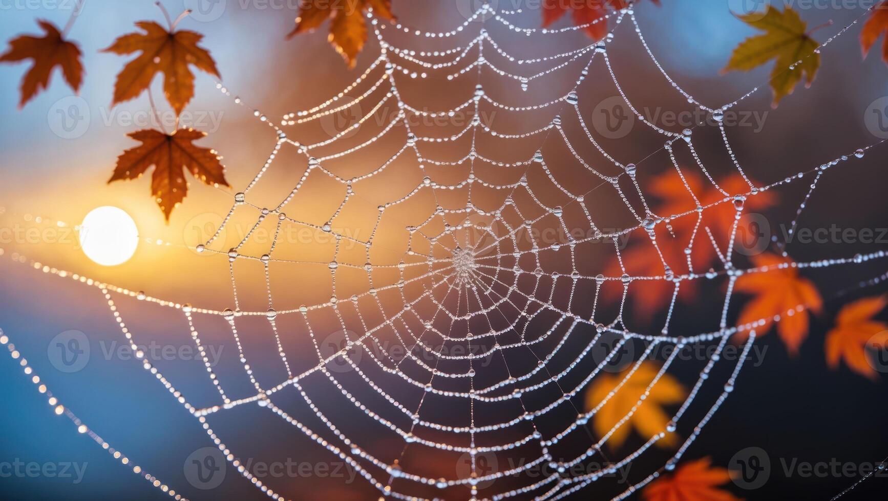 Spiderweb Covered in Dewdrops with Colorful Leaves on a Fall Day photo