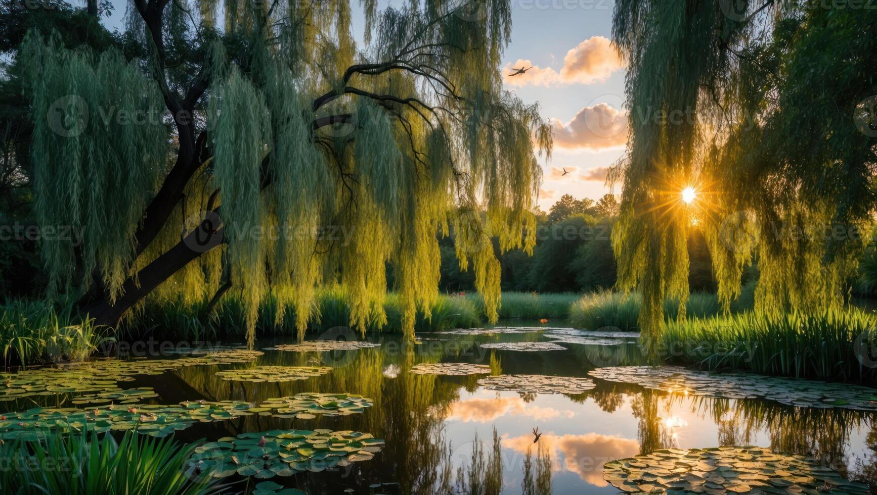Pond Reflecting Sunset Light Through Weeping Willow Trees and Lily Pads photo