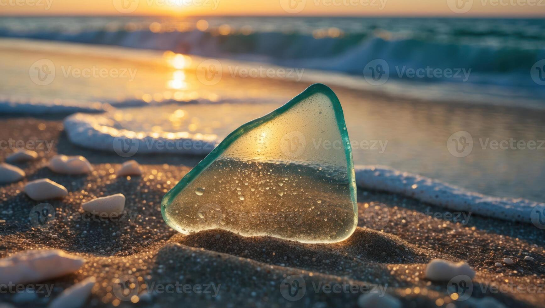 Sea Glass on Sandy Beach at Sunset with Ocean Waves photo