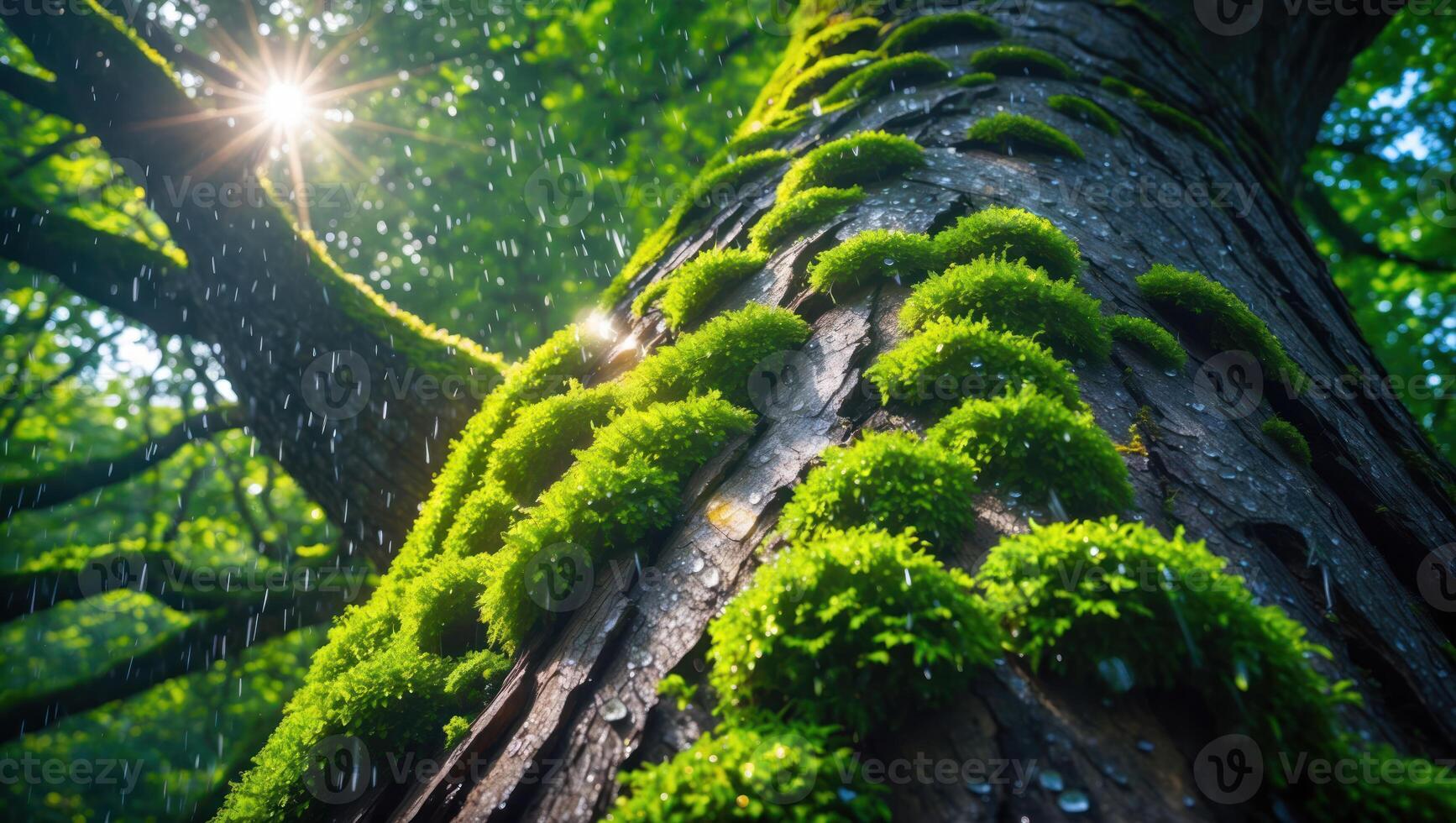 Moss Covered Tree Trunk During Rainfall in Sunny Forest Scene photo