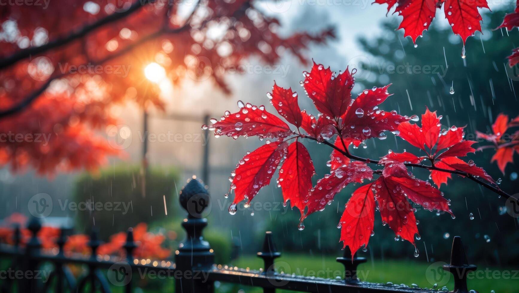Red Leaves Sparkling with Raindrops Creating a Tranquil Garden Scene photo