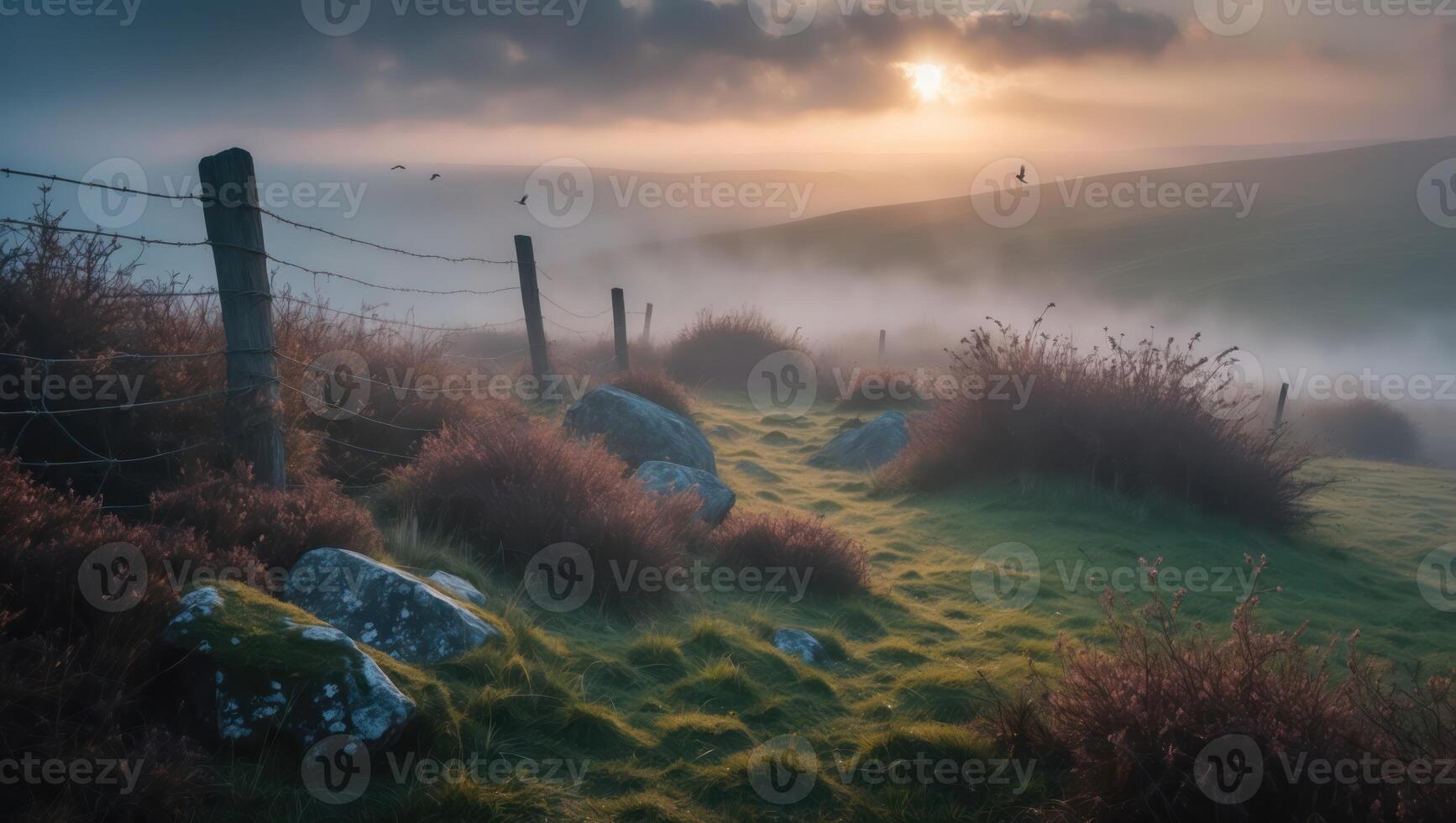 Fog Rolling Over Green Hills with Fence in Atmospheric Landscape photo