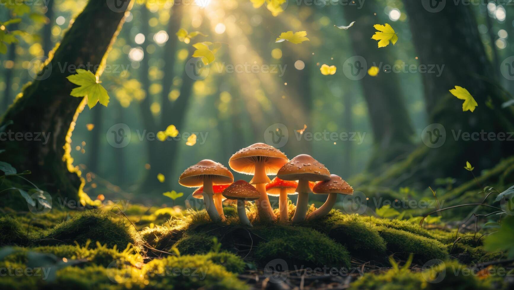 Mushrooms Growing on Moss in a Forest with Sunlight and Leaves photo