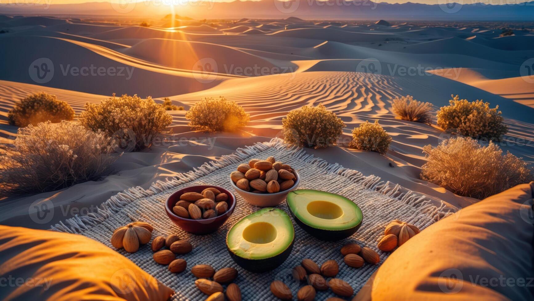 Picnic with Avocado and Almonds in Desert Landscape at Sunset photo