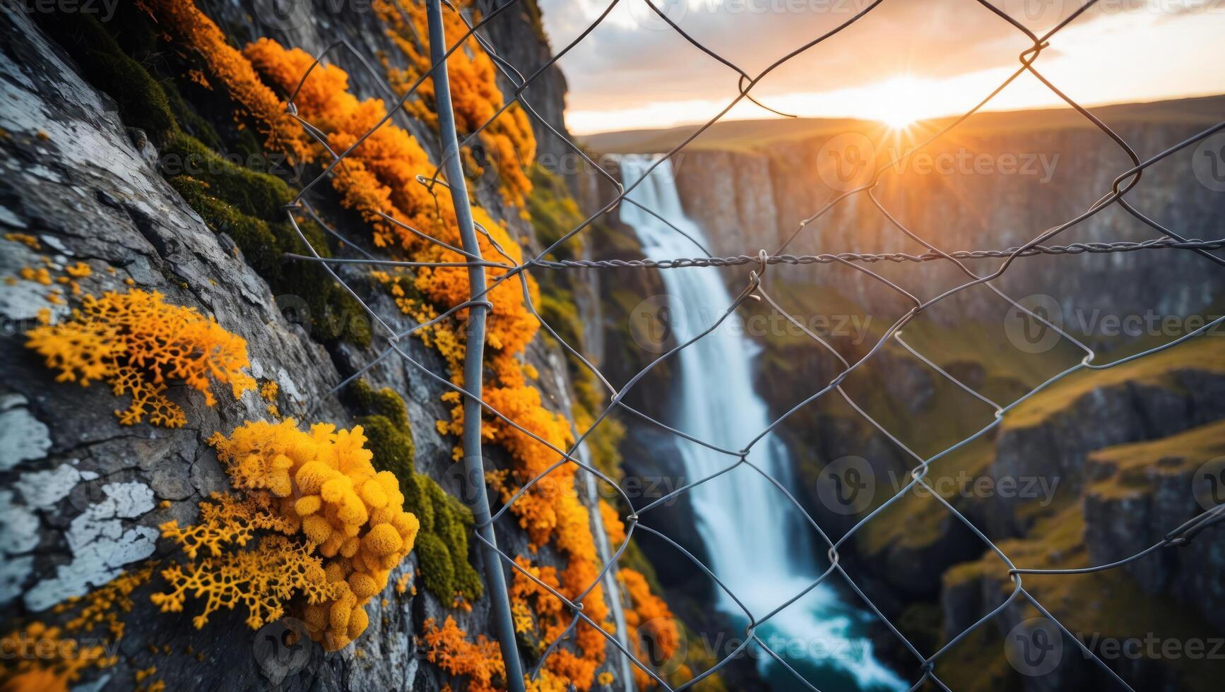 Waterfall Flows Behind Fence with Sun Burst and Mossy Rock Texture photo