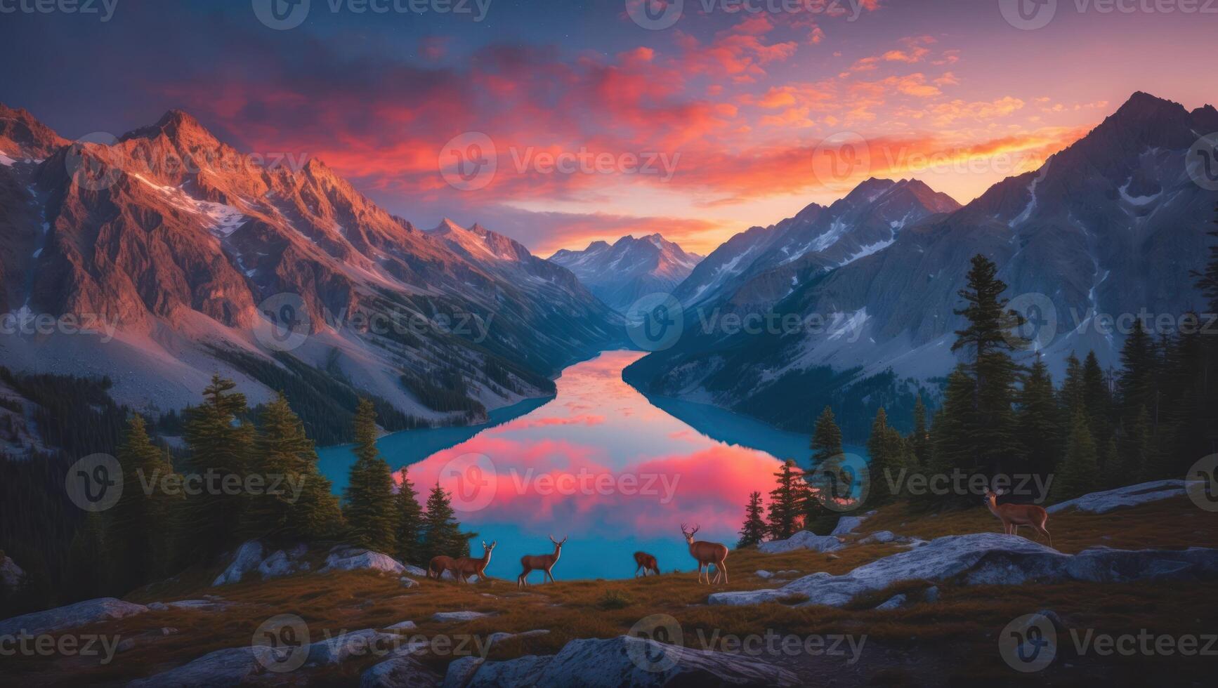 Deer by Mountain Lake at Sunset with Sky Reflection and Pines photo