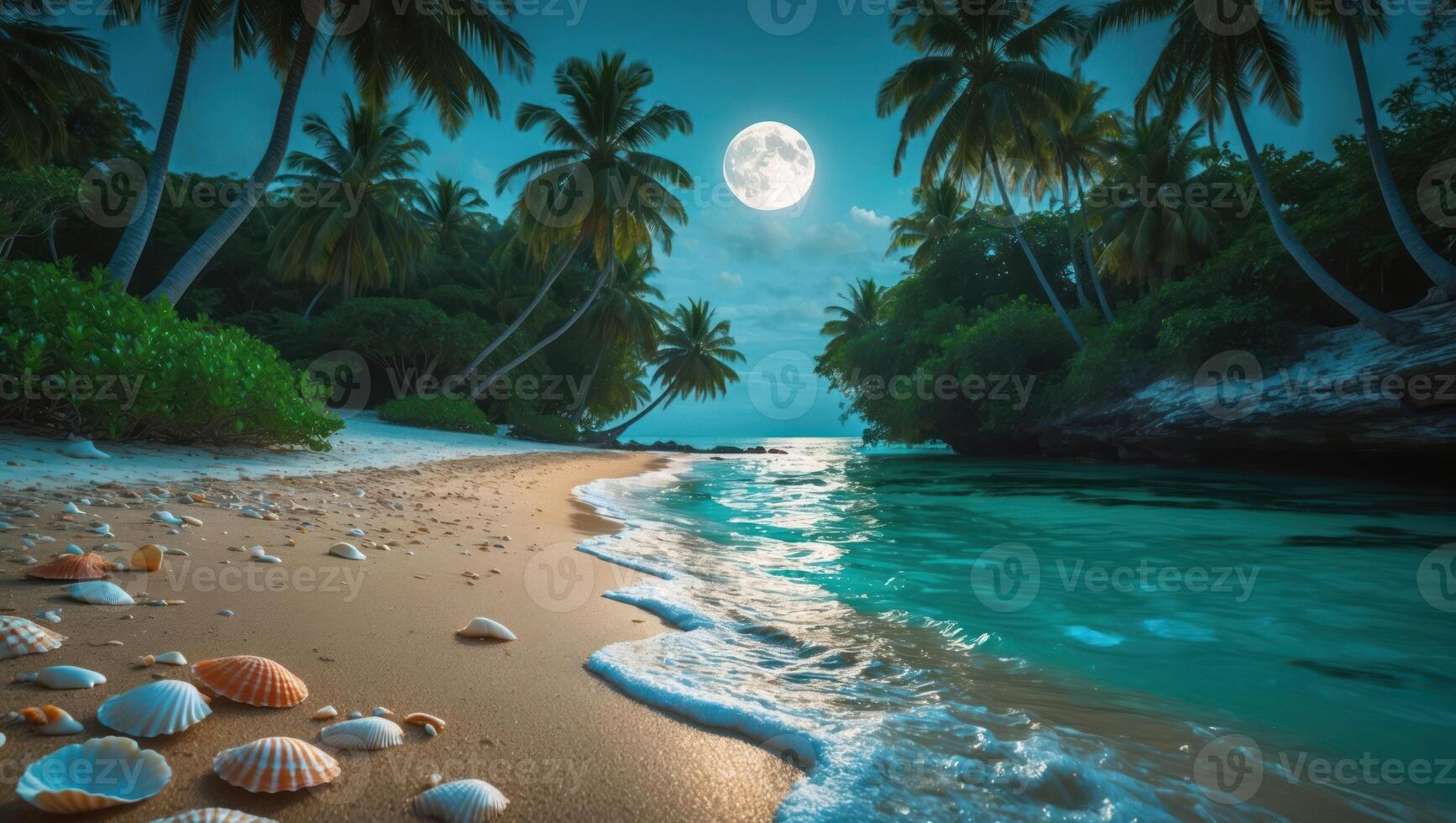 Tropical Beach at Night with Palm Trees Moon and Sea Shells photo