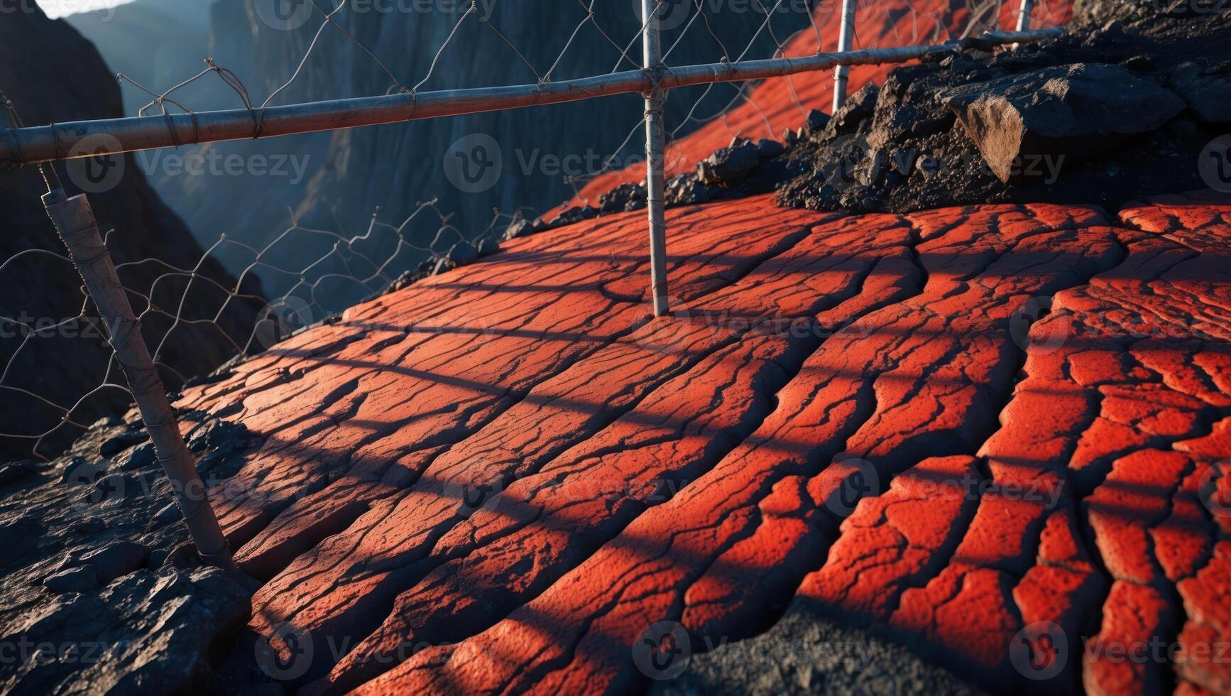 Molten Rock Flowing with Fence in Volcanic Landscape at Sunset photo