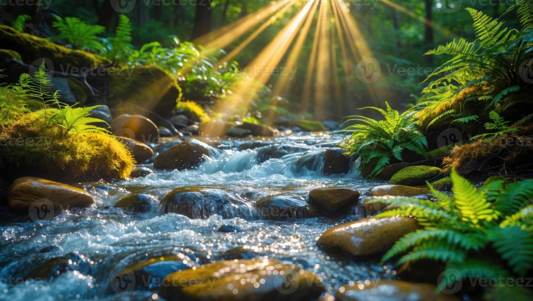 Stream Flowing Through Forest with Sun Rays and Mossy Rocks photo