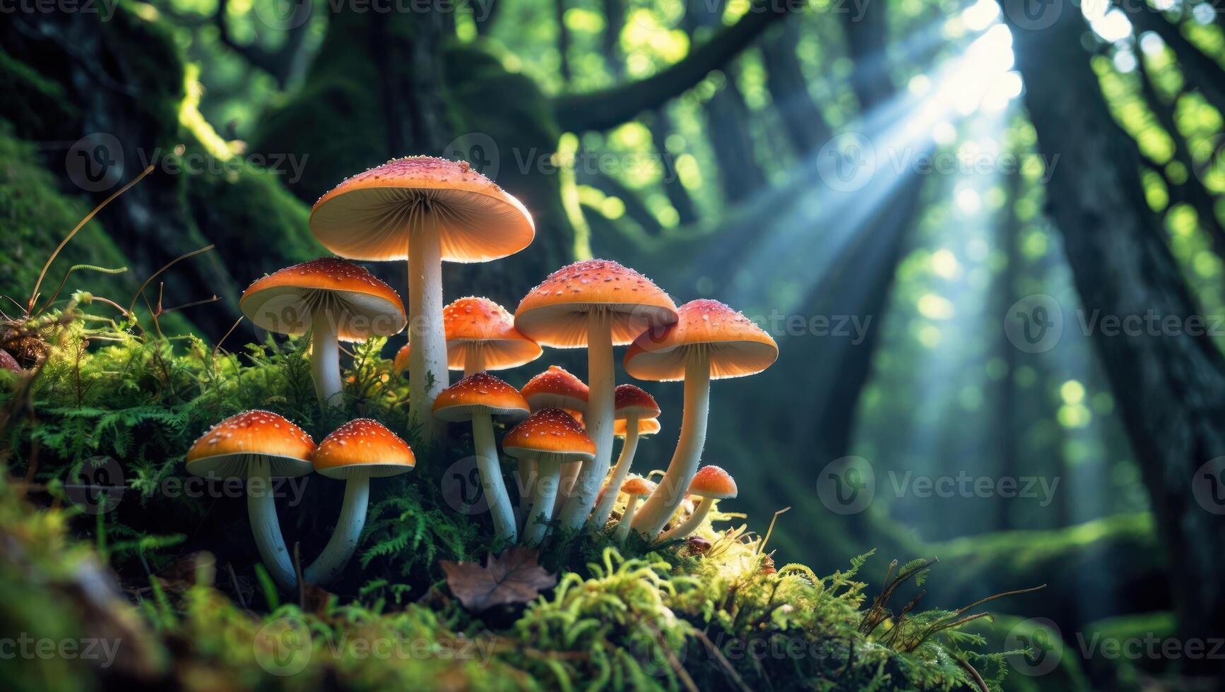 Mushroom Cluster Growing on Moss in Forest with Sun Rays Shining photo