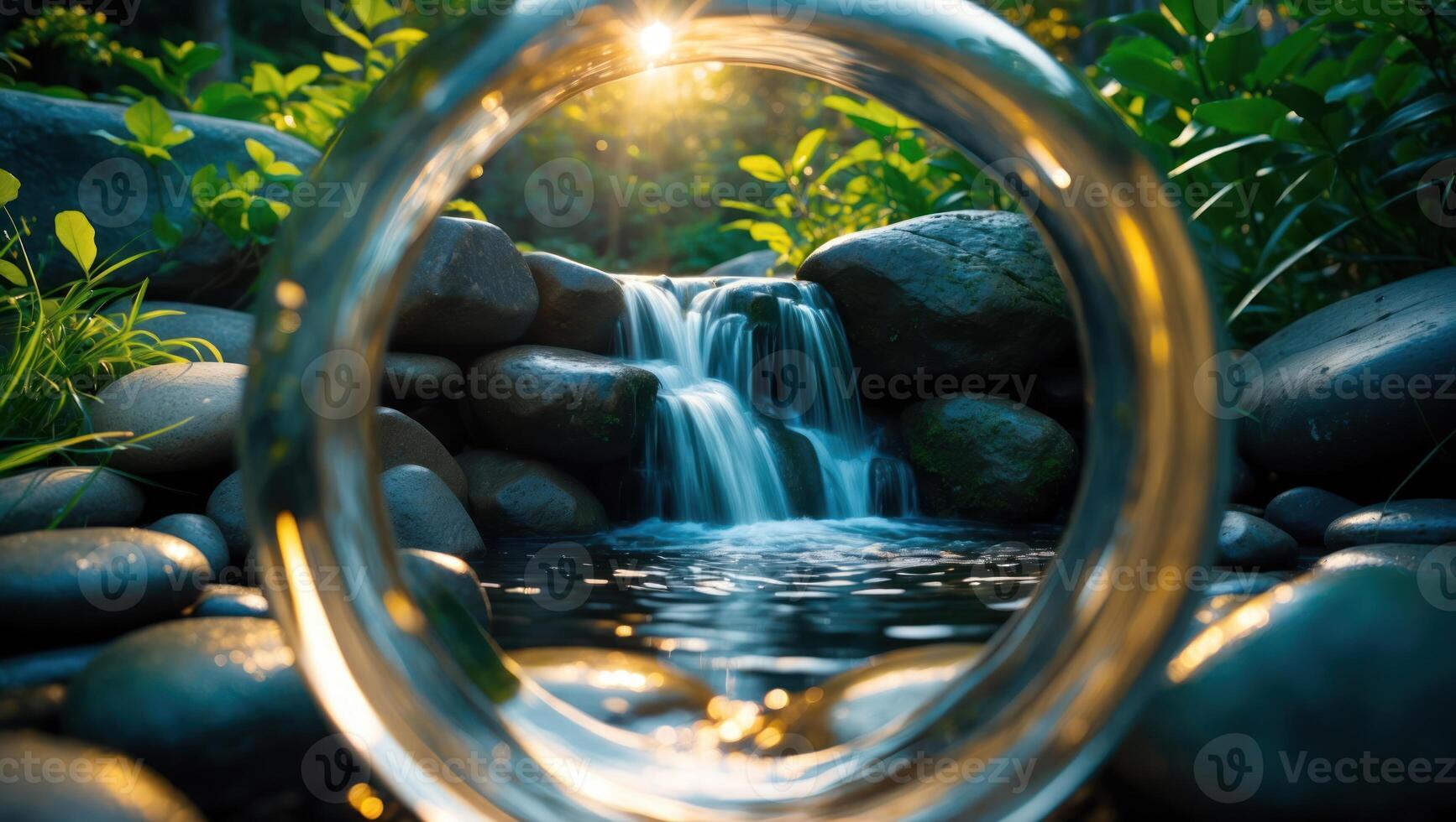 Waterfall Flowing Through Rocks Observed in Circular Glass Frame Nature photo