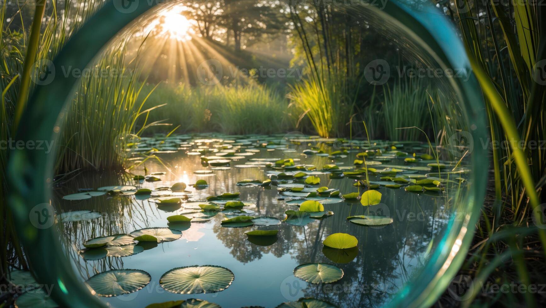 Lily Pond with Sunlight Through Circle Frame Tranquil Nature Scene photo