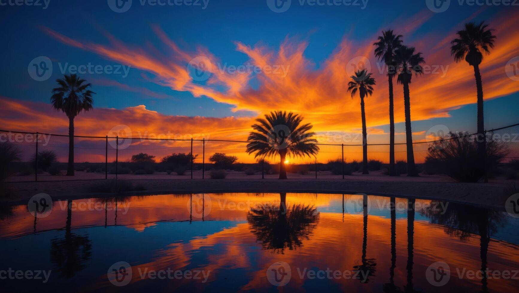 Palm Trees Reflecting in Water Under a Colorful Sunset Sky photo
